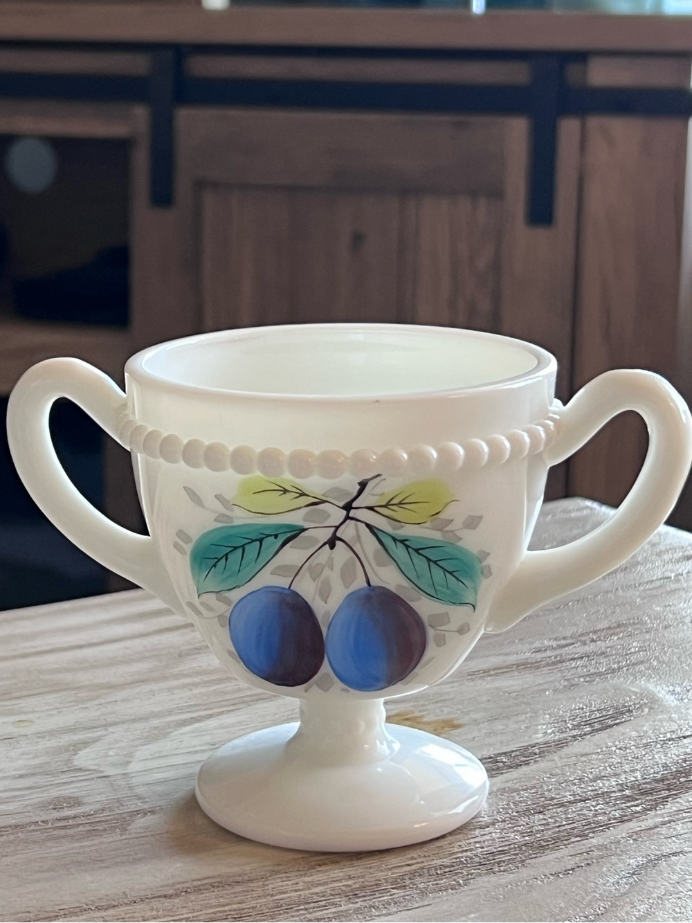 Vintage Westmoreland Milk Glass Beaded Edge Hand-Painted Plum Open Sugar Bowl